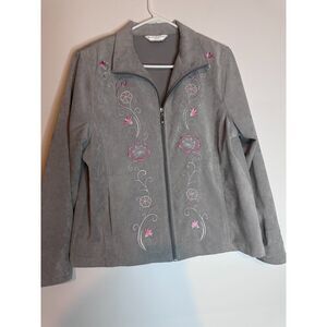 Allison Daley Petite Medium Embroidered Zip Jacket Gray Floral Microcorduroy